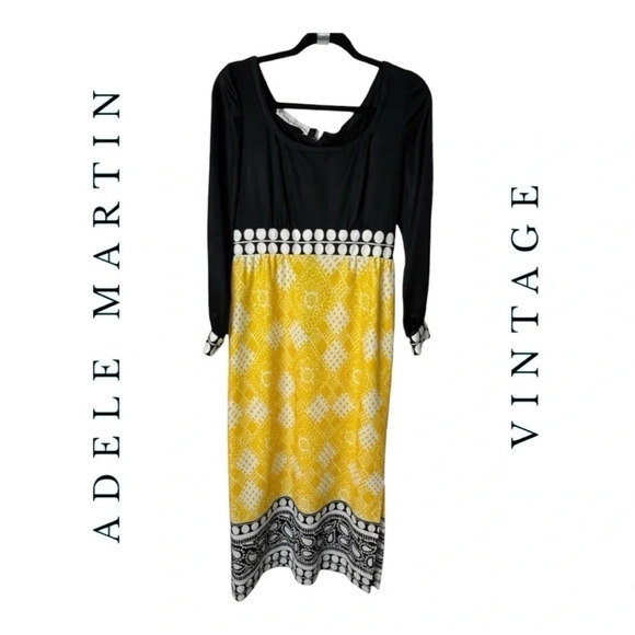0491W. VINTAGE ADELE MARTIN‎ MAXI LENGTH LONG SLEEVE DRESS BLACK/YELLOW - Picture 1 of 13
